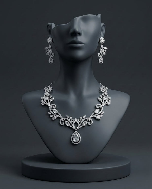 Silver-Plated Teardrop American Diamond CZ Pendant Necklace Set