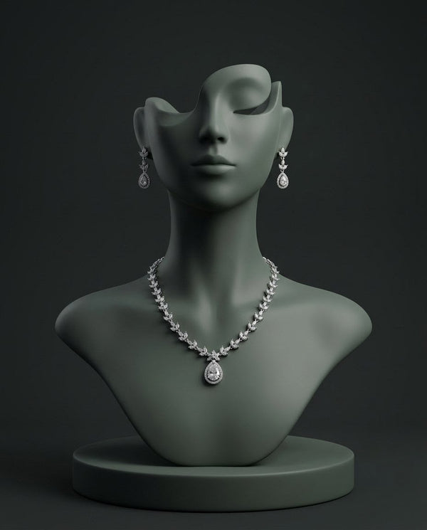 Silver-Plated Teardrop American Diamond CZ Pendant Necklace Set