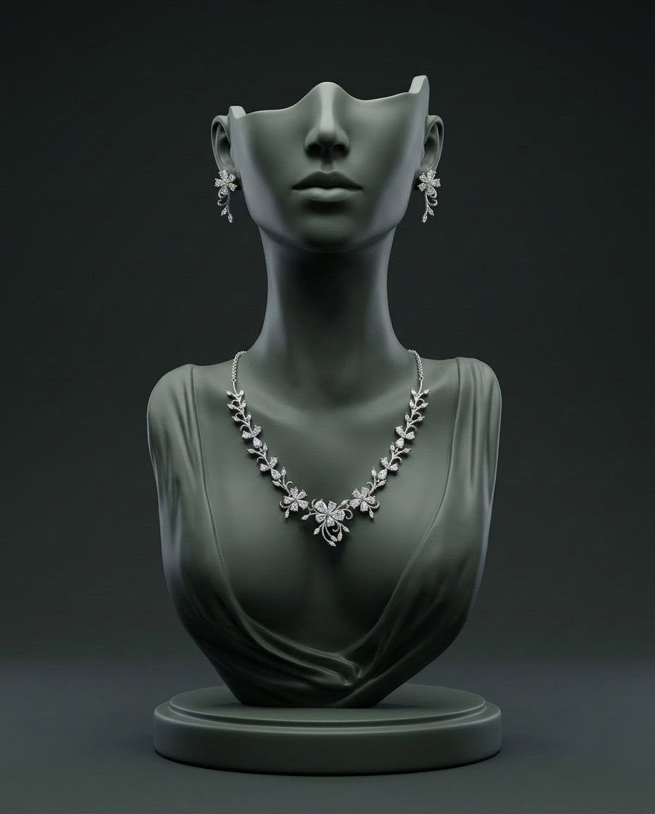 Silver-Plated Floral Pendant Necklace Set with American Diamond CZ