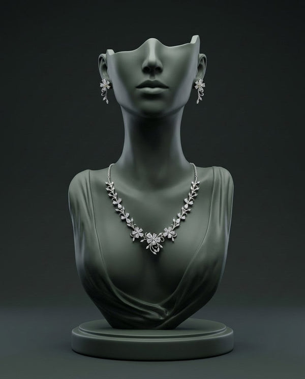 Silver-Plated Floral Pendant Necklace Set with American Diamond CZ