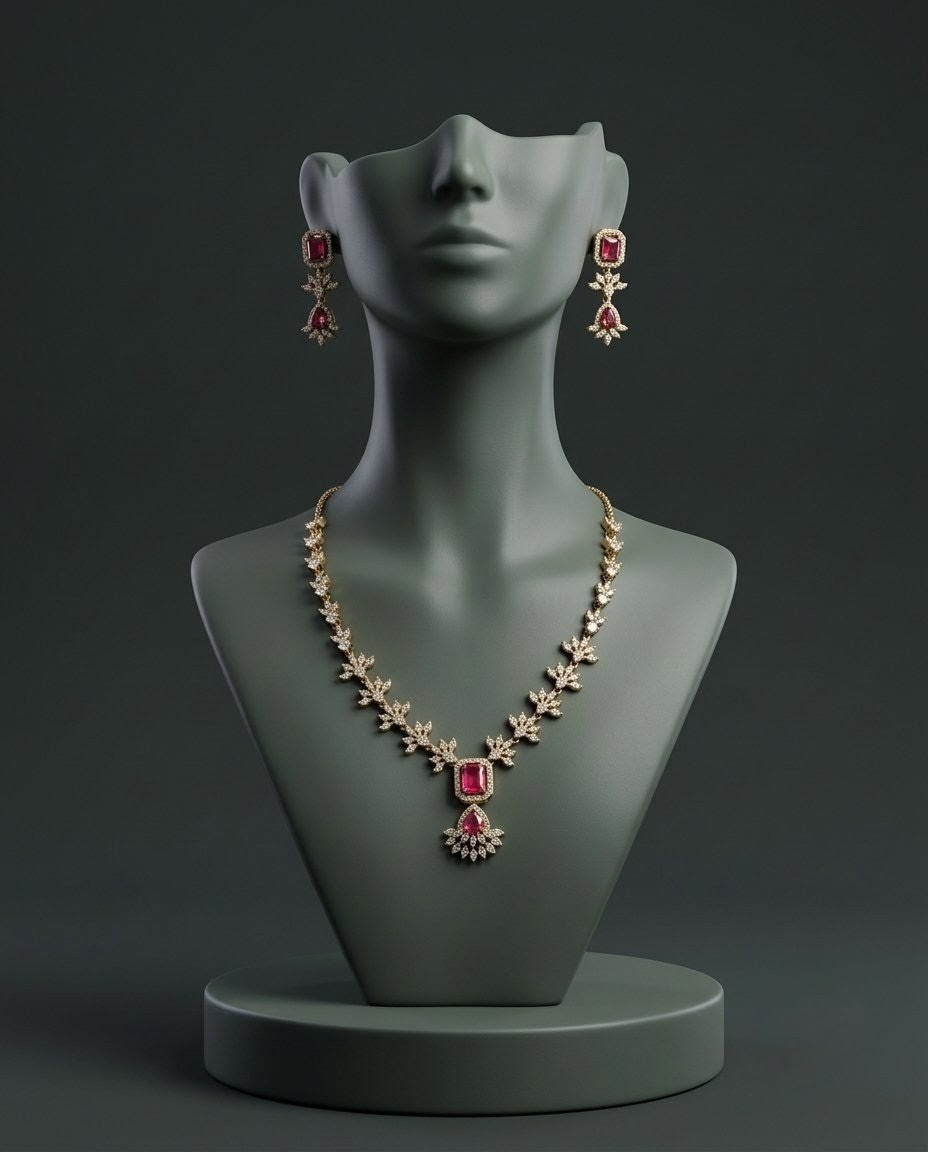 Gold-Plated AD & Emerald Stone Necklace Set
