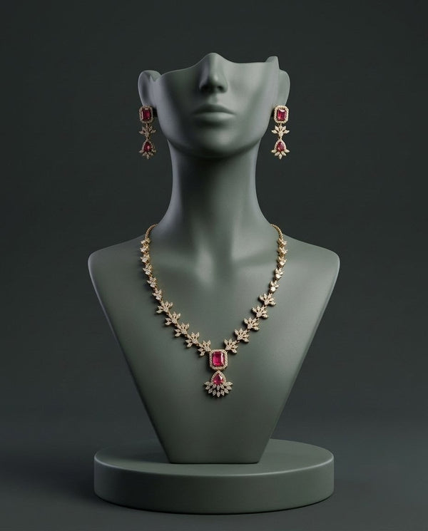 Gold-Plated AD & Emerald Stone Necklace Set