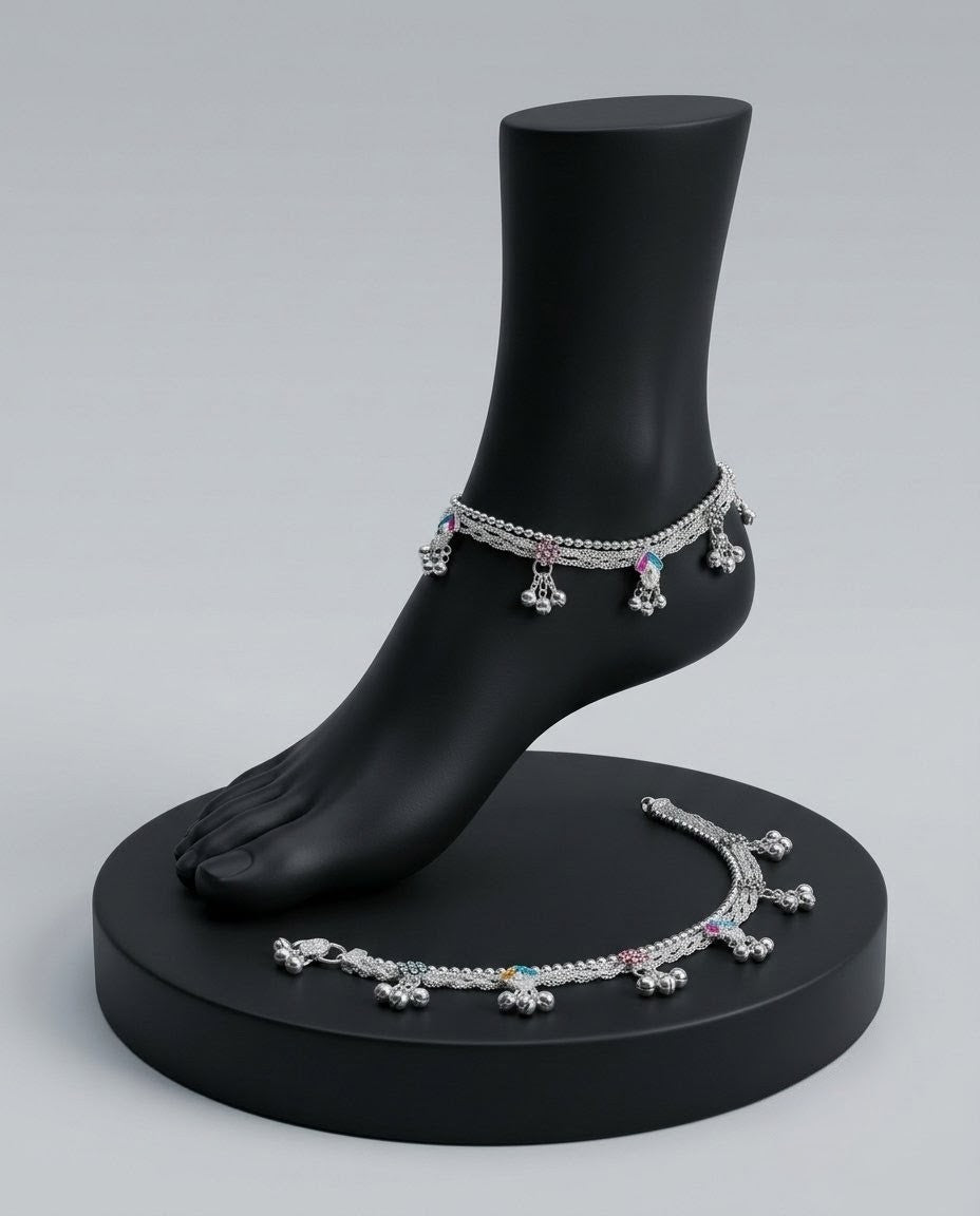 Silver-Plated Meenakari Ghungroo Anklets