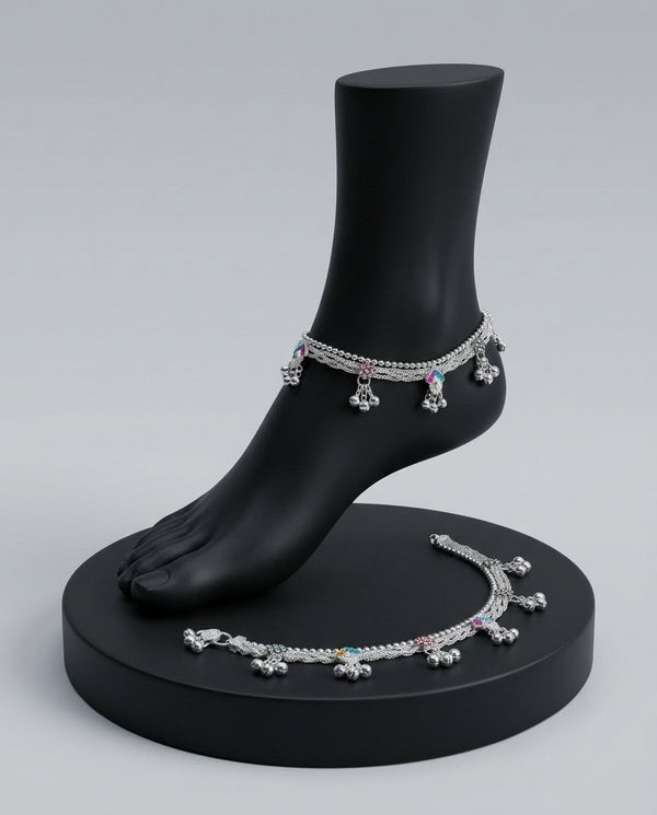 Silver-Plated Meenakari Ghungroo Anklets