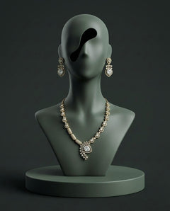 Gold-Plated American Diamond & CZ Teardrop Crystal Pendant Necklace Set