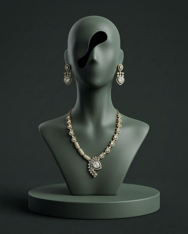 Gold-Plated American Diamond & CZ Teardrop Crystal Pendant Necklace Set