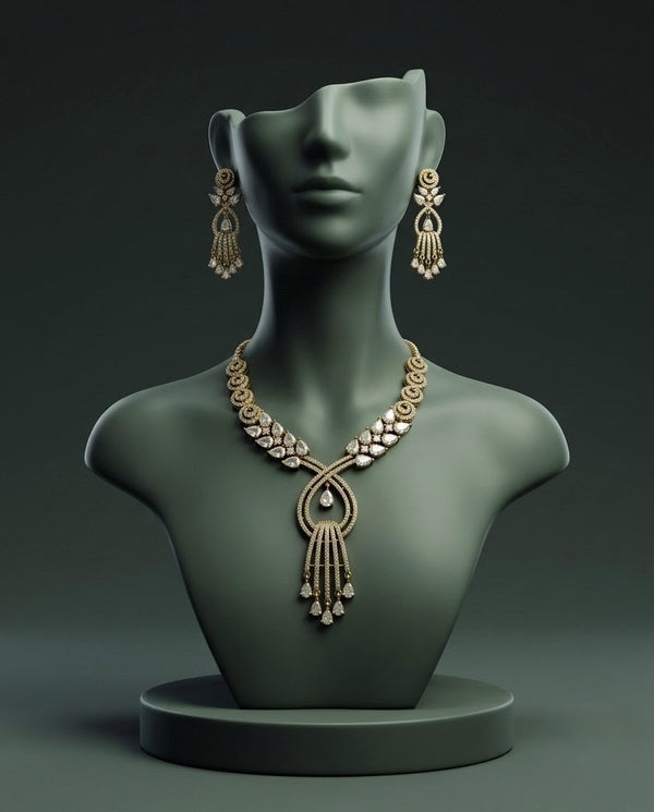 Gold-Plated American Diamond & CZ Teardrop Crystal Pendant Necklace Set