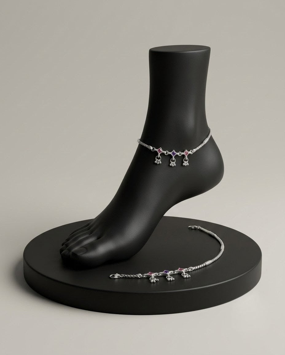 Silver-Plated AD Ghungroo Anklets