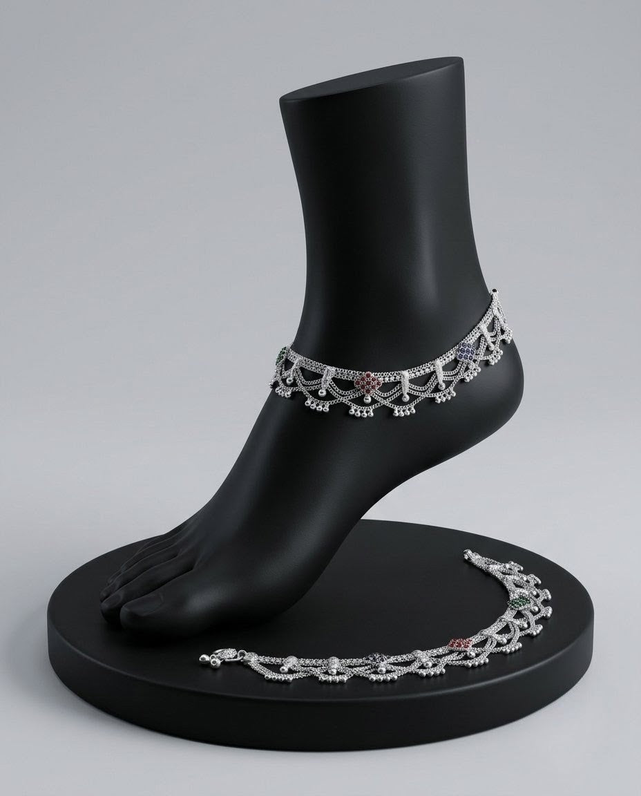 Silver-Plated AD Ghungroo Anklets