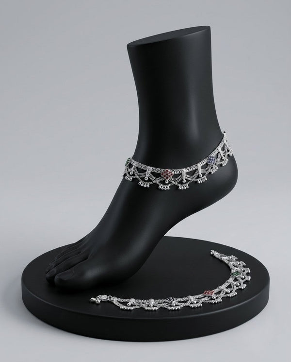 Silver-Plated AD Ghungroo Anklets