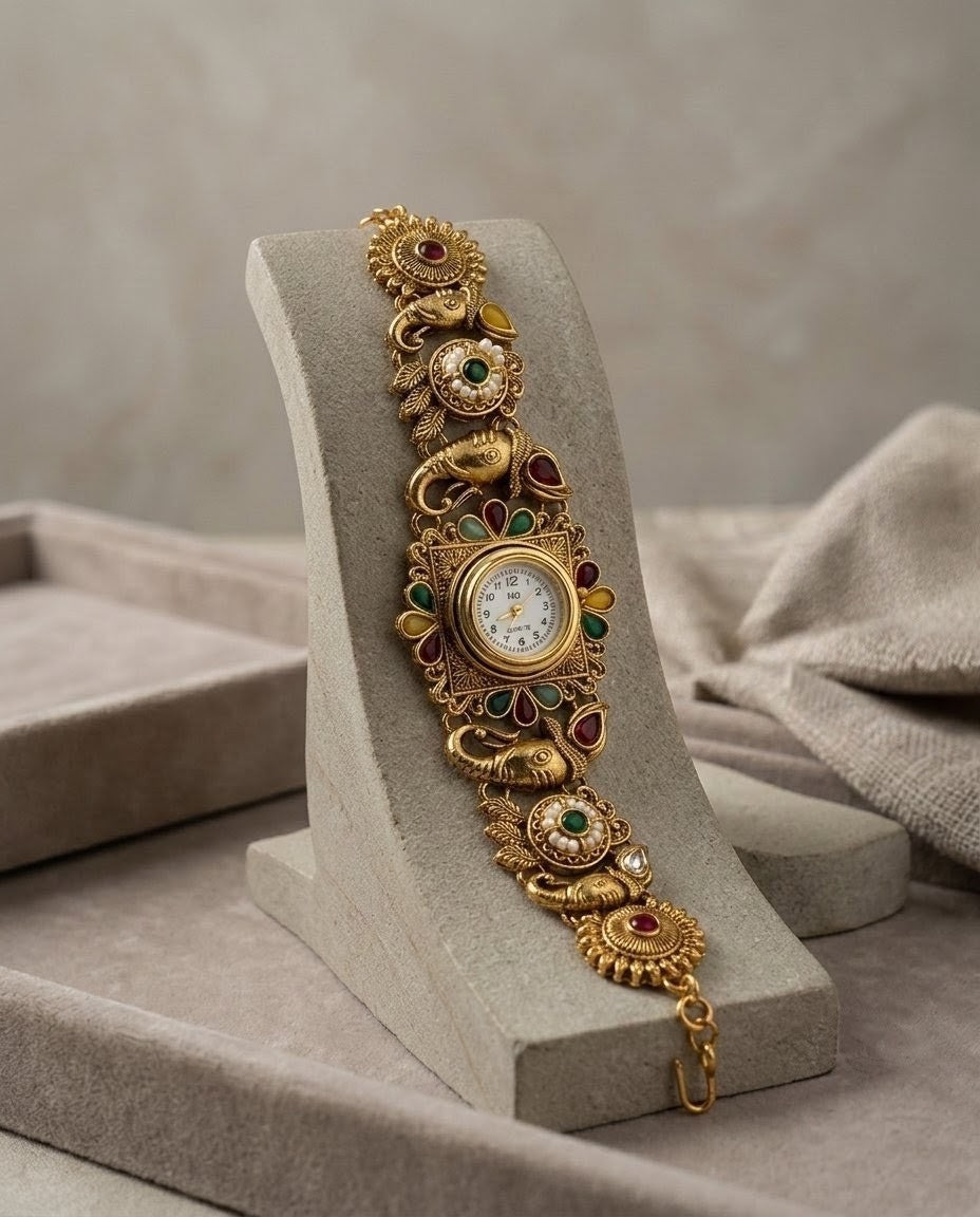 Antique Gold Rajwadi Kundan Watch Bracelet