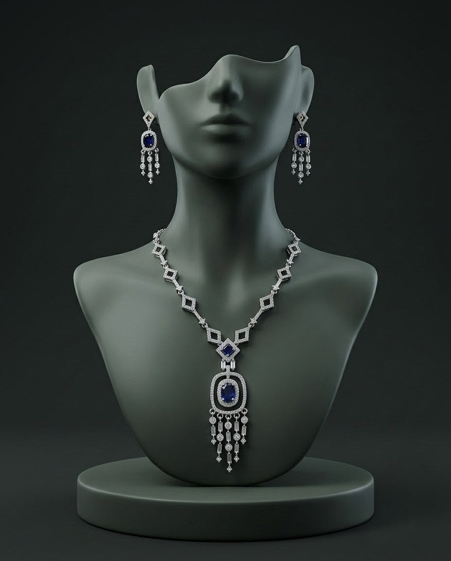 Silver-Plated American Diamond & Crystal Pendant Necklace Set