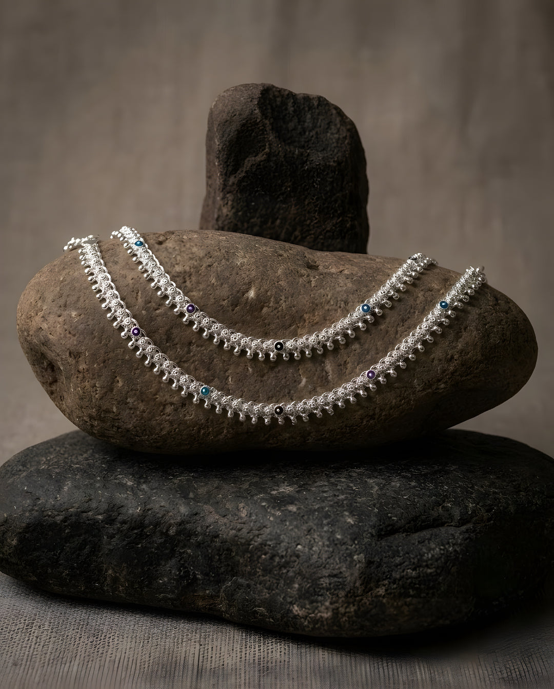 Silver-Plated Meenakari Ghungroo Anklets