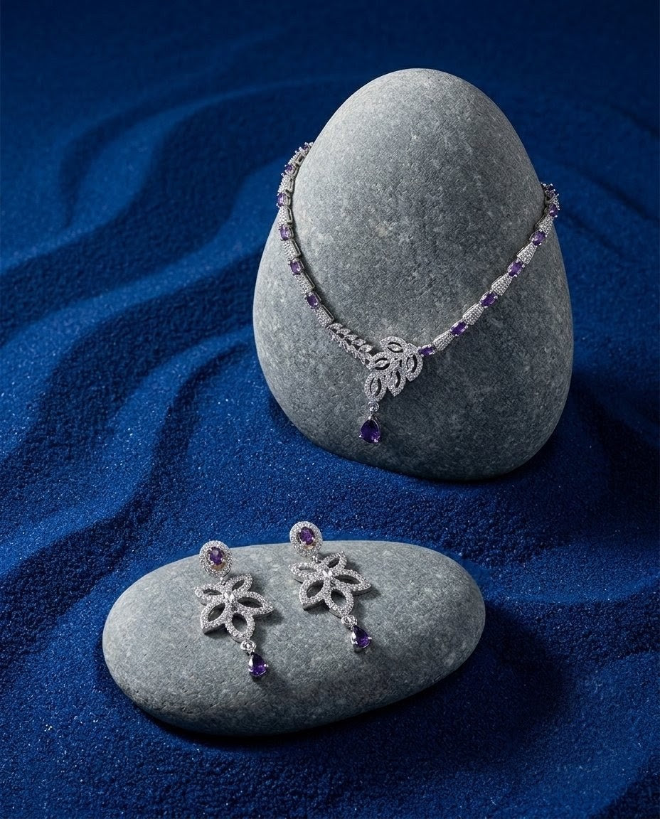 Silver-Plated Teardrop CZ Necklace & Earrings Set