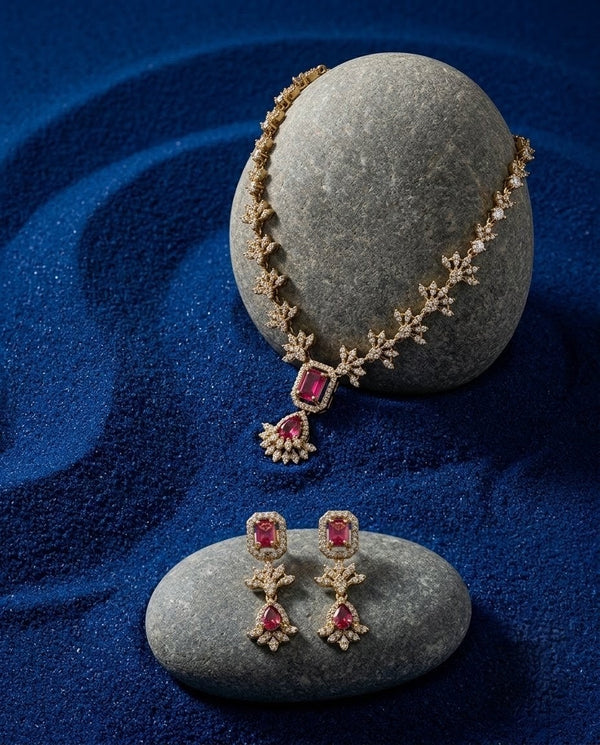 Gold-Plated AD & Emerald Stone Necklace Set