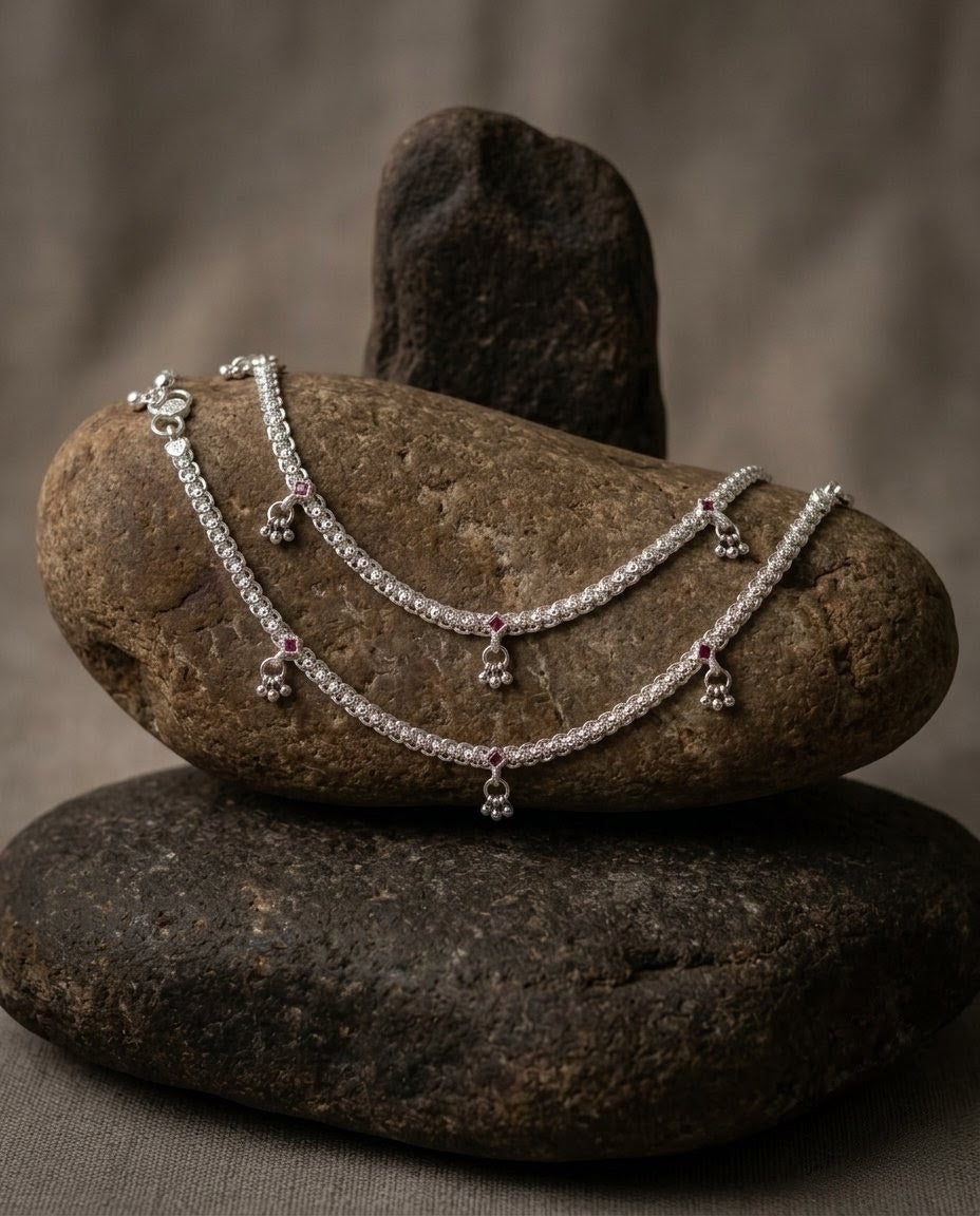 Ruby Red Filigree Ghungroo Anklets