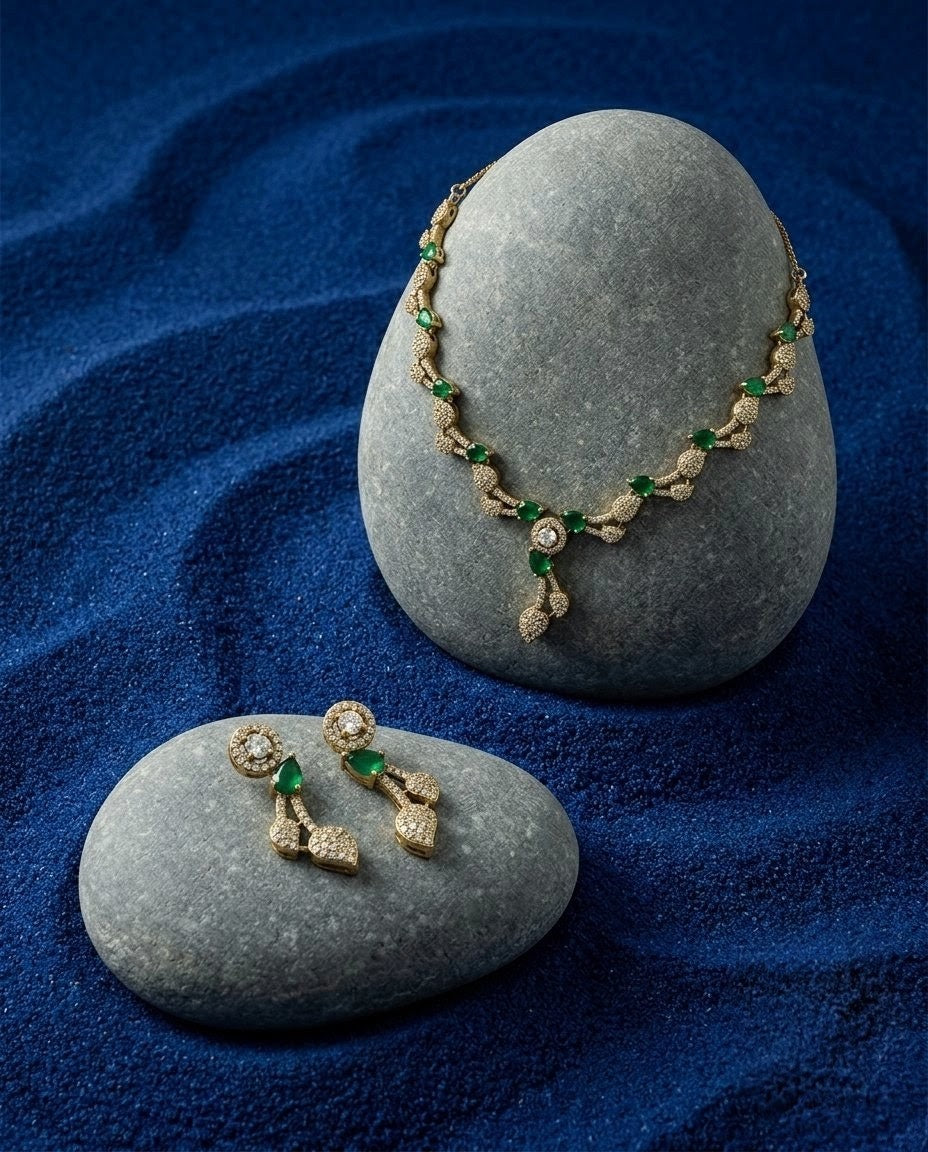 Emerald Green Leaf Vine AD & CZ Necklace Set