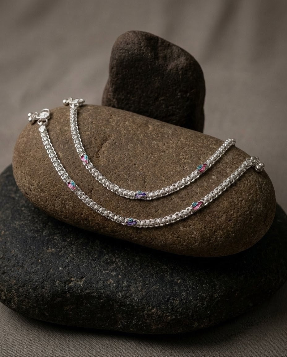 Silver-Plated Meenakari Ghungroo Anklets