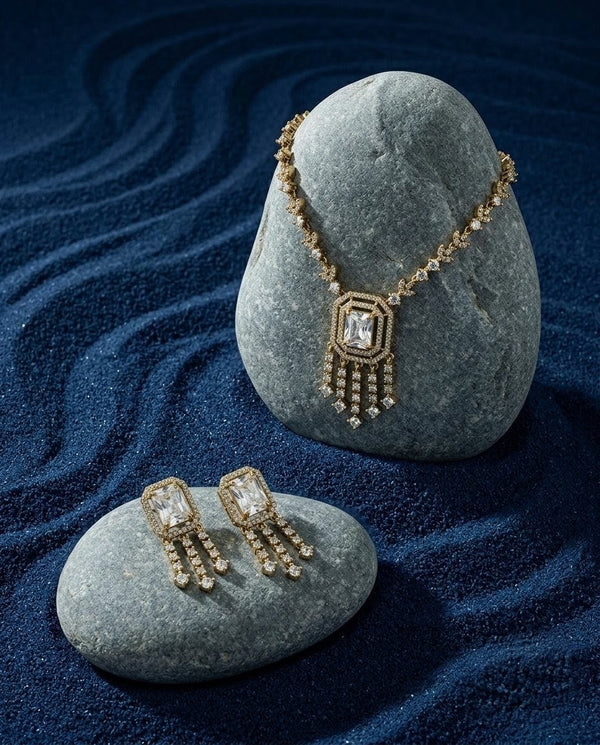 Gold Plated AD Drop Fringe Necklace Set