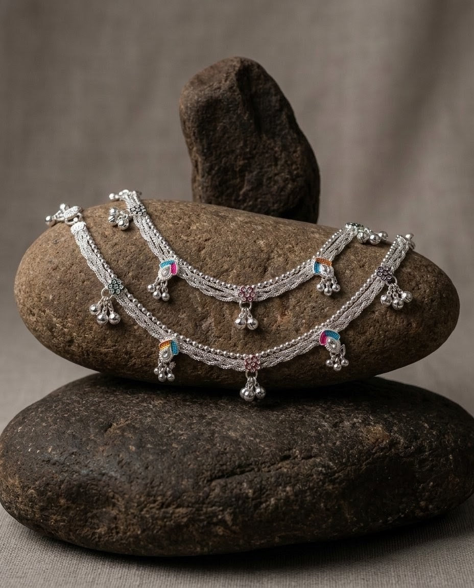 Silver-Plated Meenakari Ghungroo Anklets