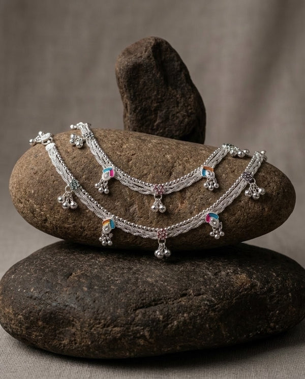 Silver-Plated Meenakari Ghungroo Anklets
