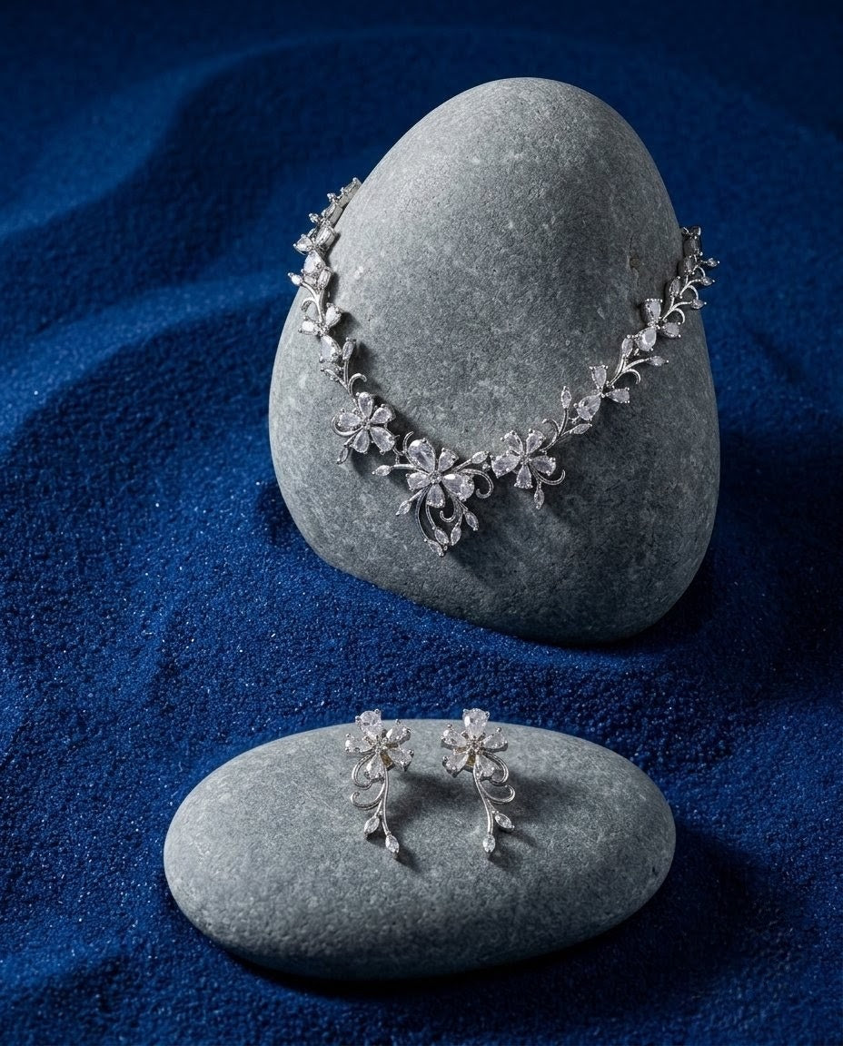 Silver-Plated Floral Pendant Necklace Set with American Diamond CZ