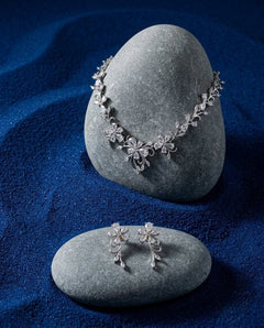 Silver-Plated Floral Pendant Necklace Set with American Diamond CZ