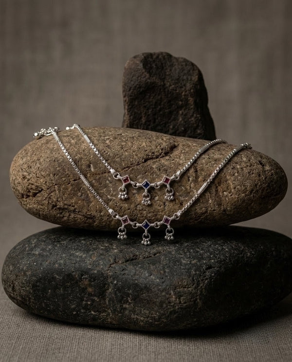 Silver-Plated AD Ghungroo Anklets