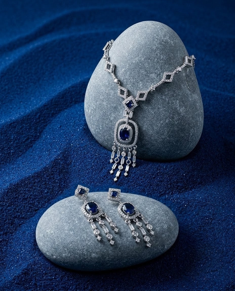 Silver-Plated American Diamond & Crystal Pendant Necklace Set