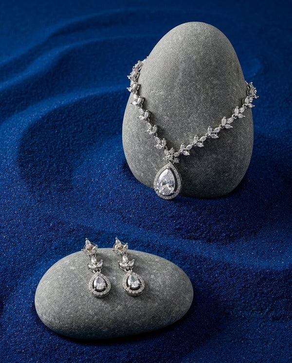 Silver-Plated Teardrop American Diamond CZ Pendant Necklace Set