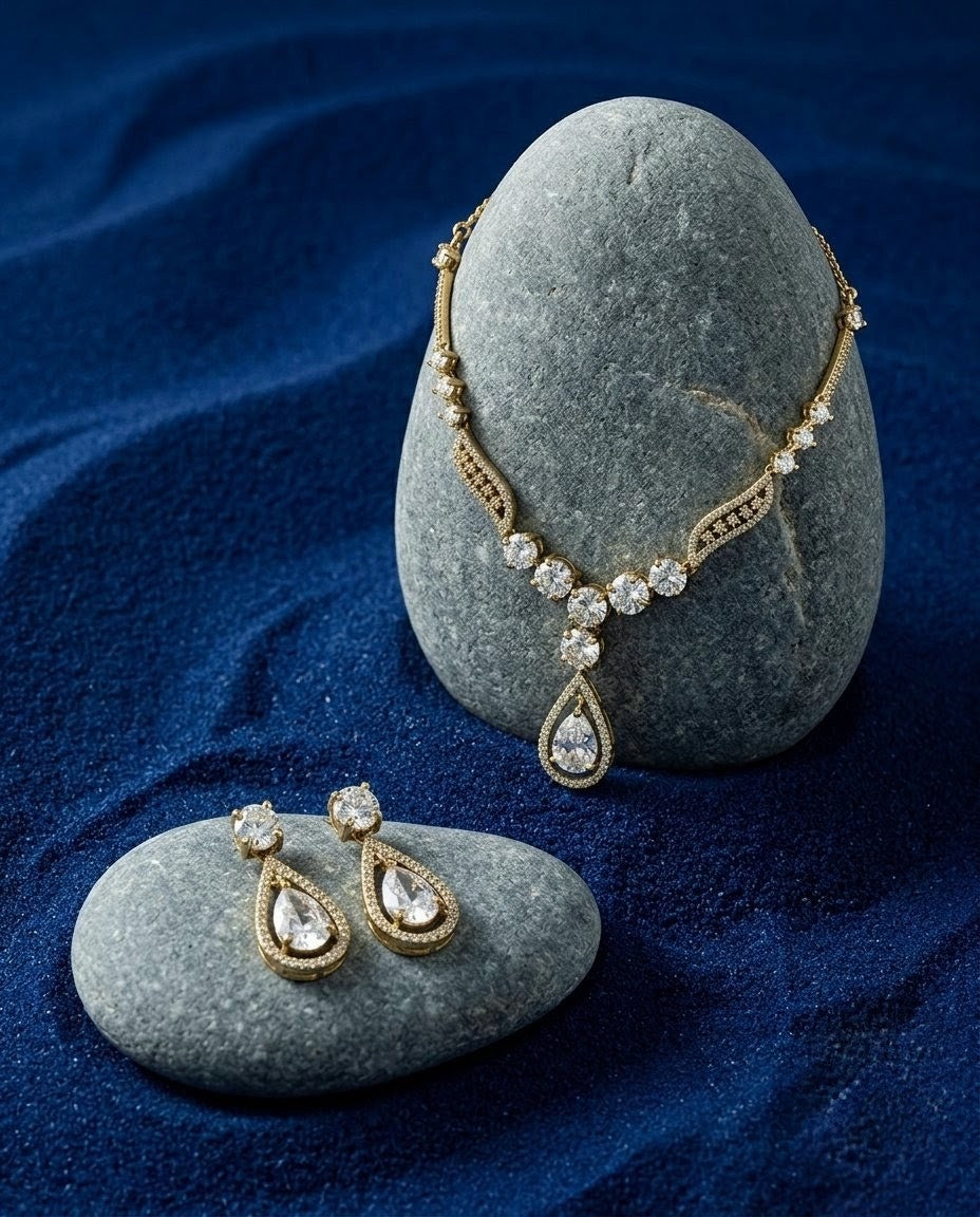 Gold-Plated AD Teardrop Pendant Necklace Set
