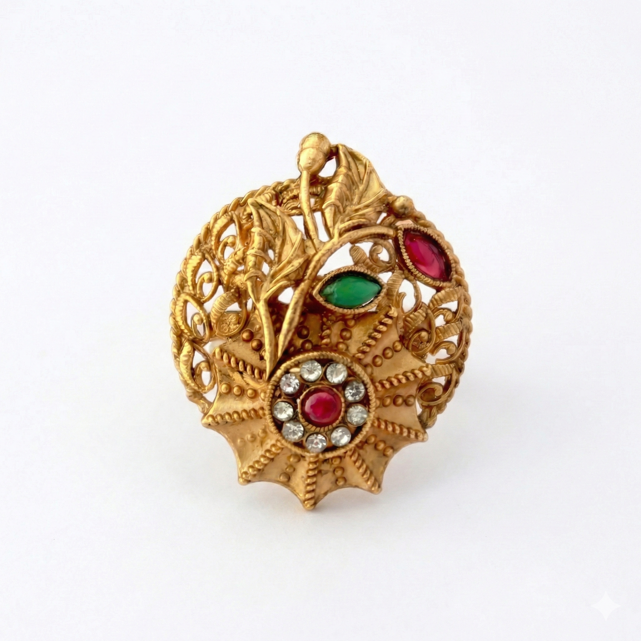 Adjustable Golden Statement Ring | Traditional Filigree Design with Gemstones