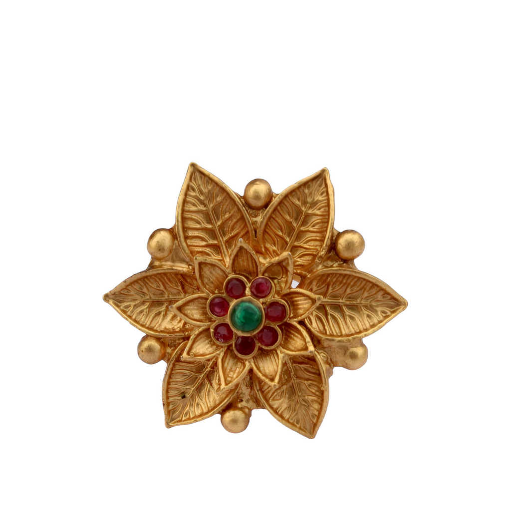 Golden Leaf and Floral Adjustable Ring - Imitation Jewelry