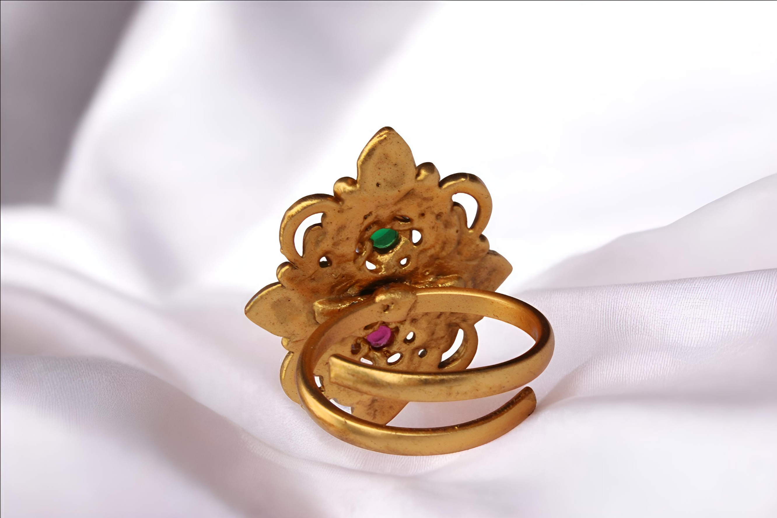 Gold Plated Antique Ring - Adjustable Traditional Ring with Green and Red Stones