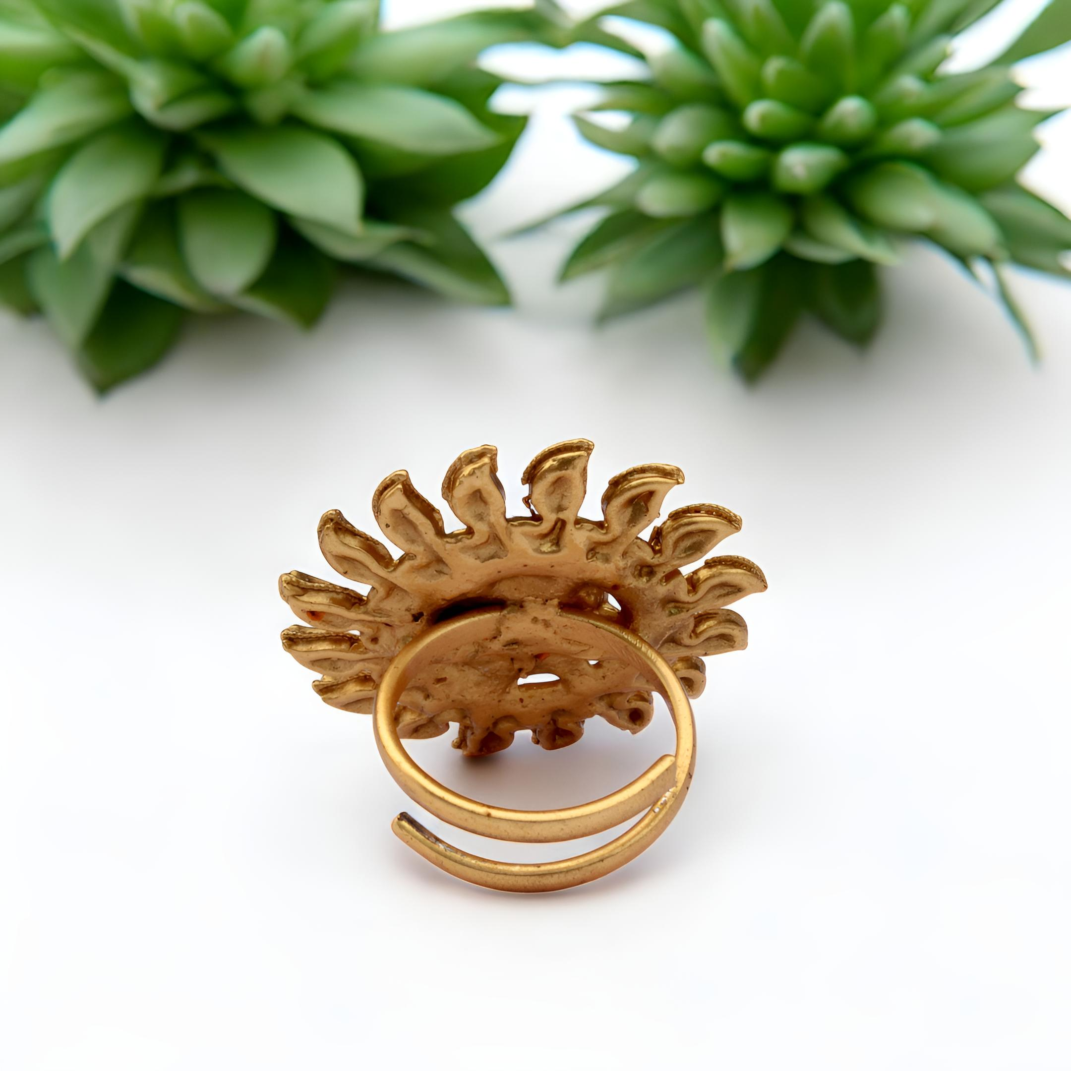 Gold Plated Sunburst Ring - Adjustable Traditional Floral Ring with Red Stone