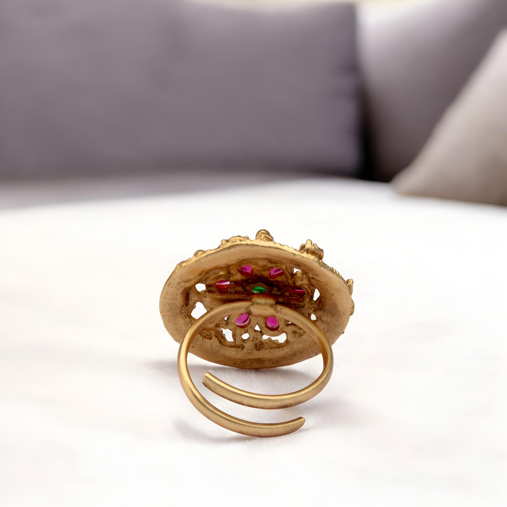 Golden Floral Ring with Pink and Green Stones - Imitation Jewelry