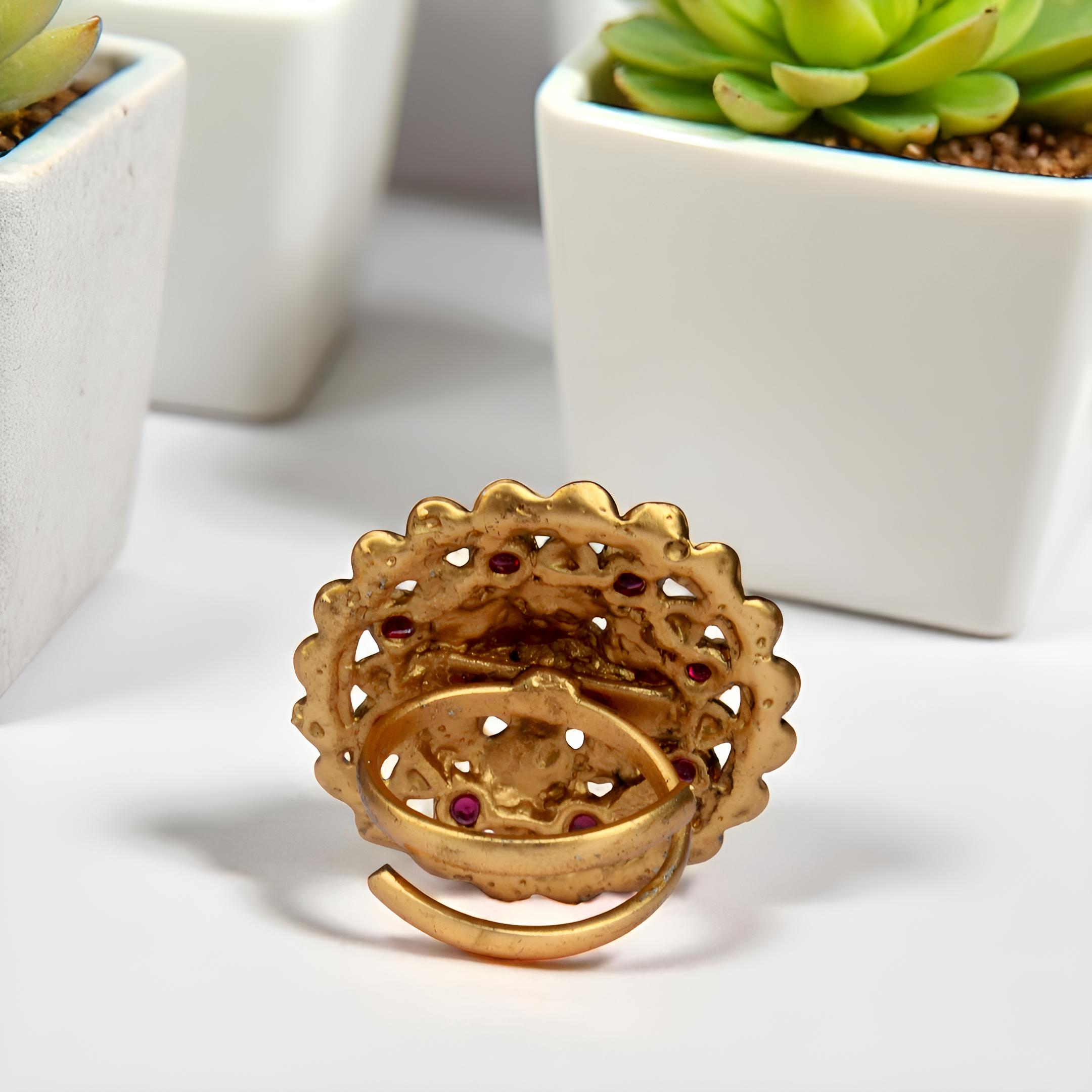 Gold Plated Mandala Ring - Adjustable Traditional Ring with Pink Stones
