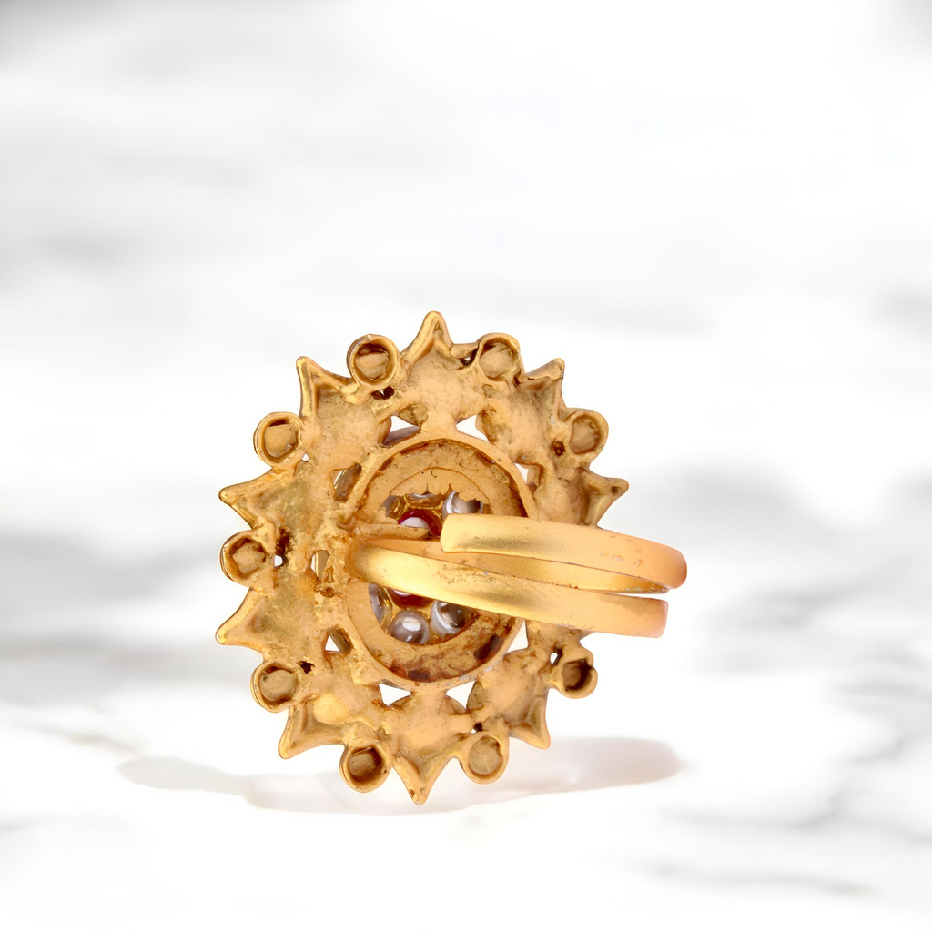 Golden Sunburst Adjustable Ring with Kundan Work - Imitation Jewelry