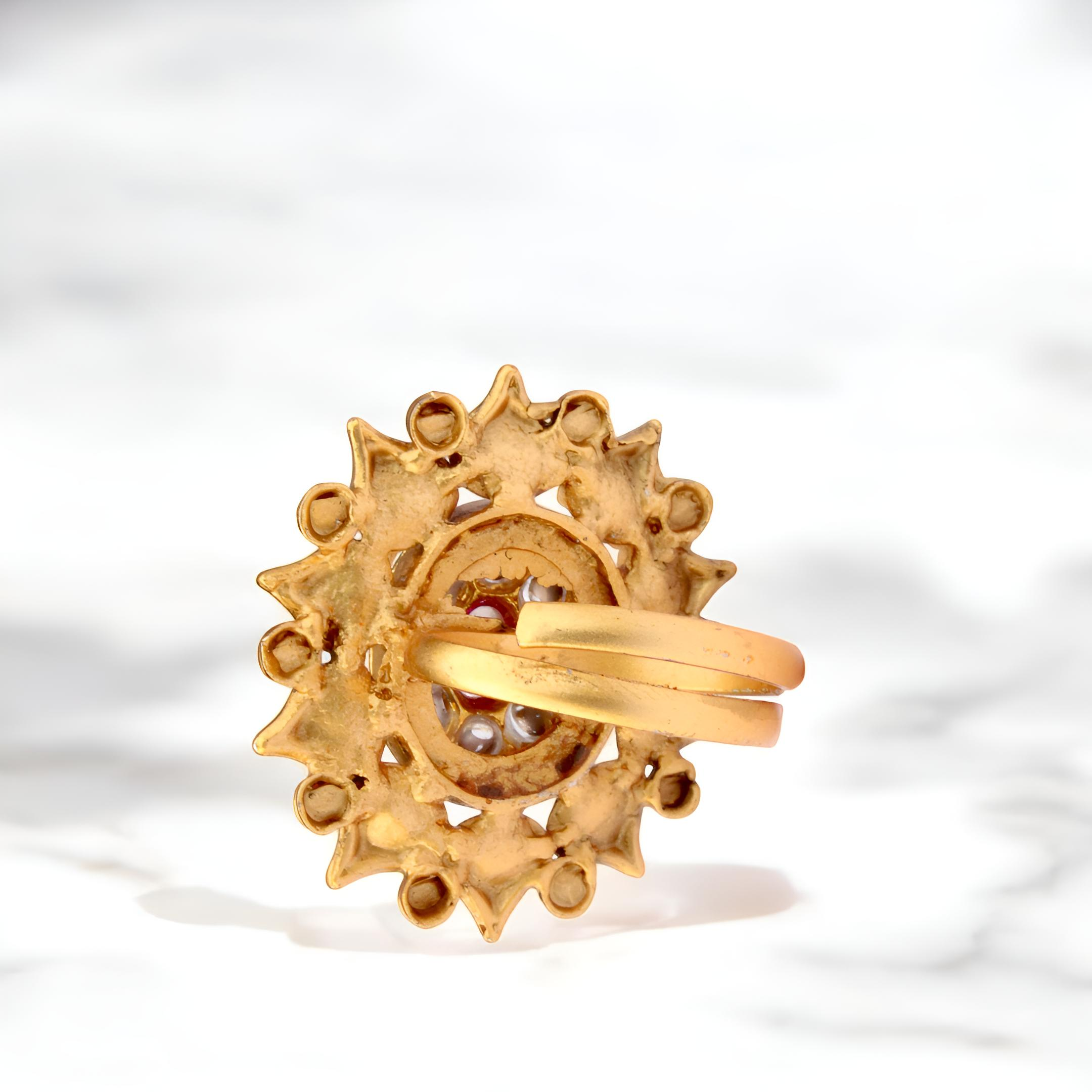 Golden Sunburst Adjustable Ring with Kundan Work - Imitation Jewelry