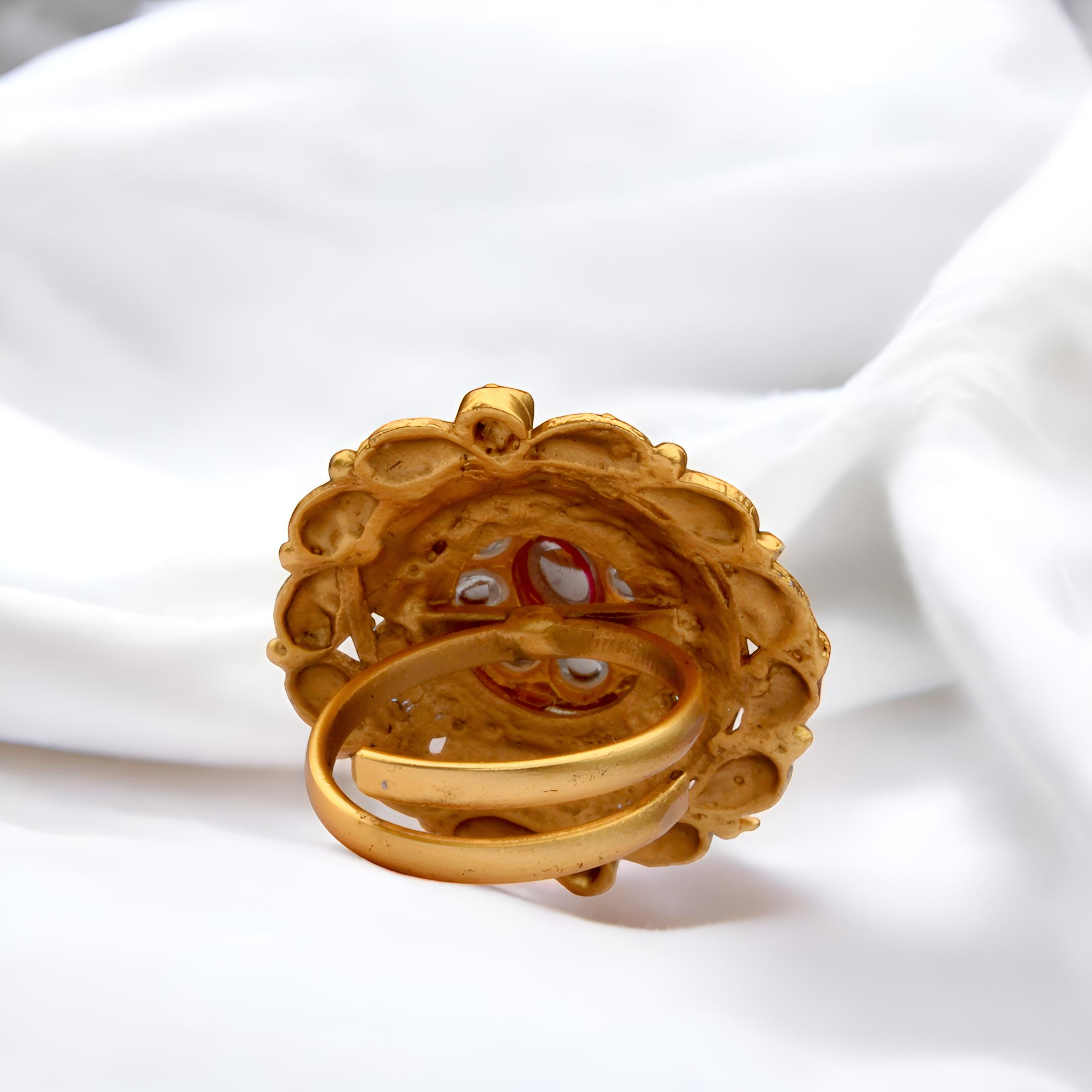 Gold Plated Kundan Ring - Adjustable Traditional Indian Wedding Ring with Red Green Stones