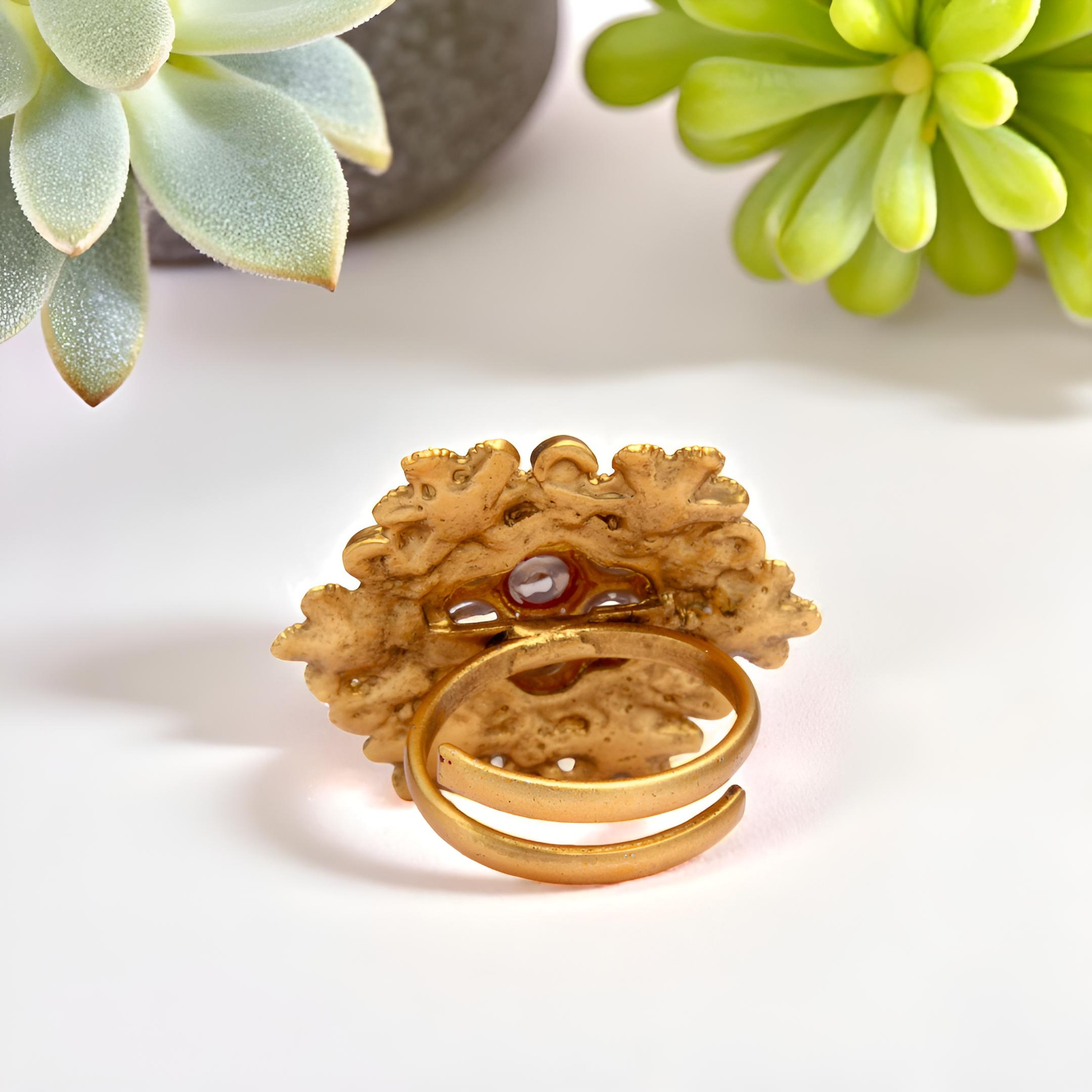 Gold Plated Traditional Ring - Adjustable Antique Ring with Multicolor Stones and Pearl Accents