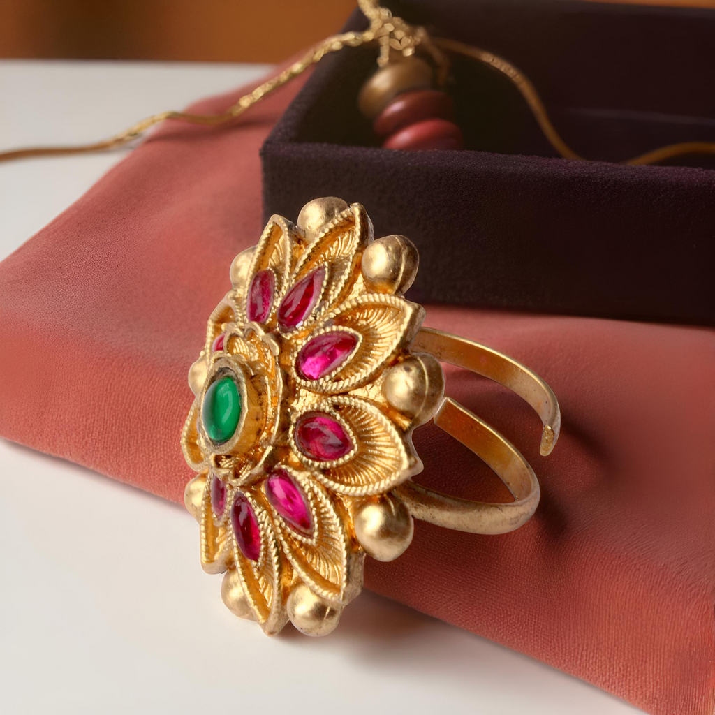 Gold Plated Floral Ring - Adjustable Traditional Ring with Pink Stones and Pearl Accents