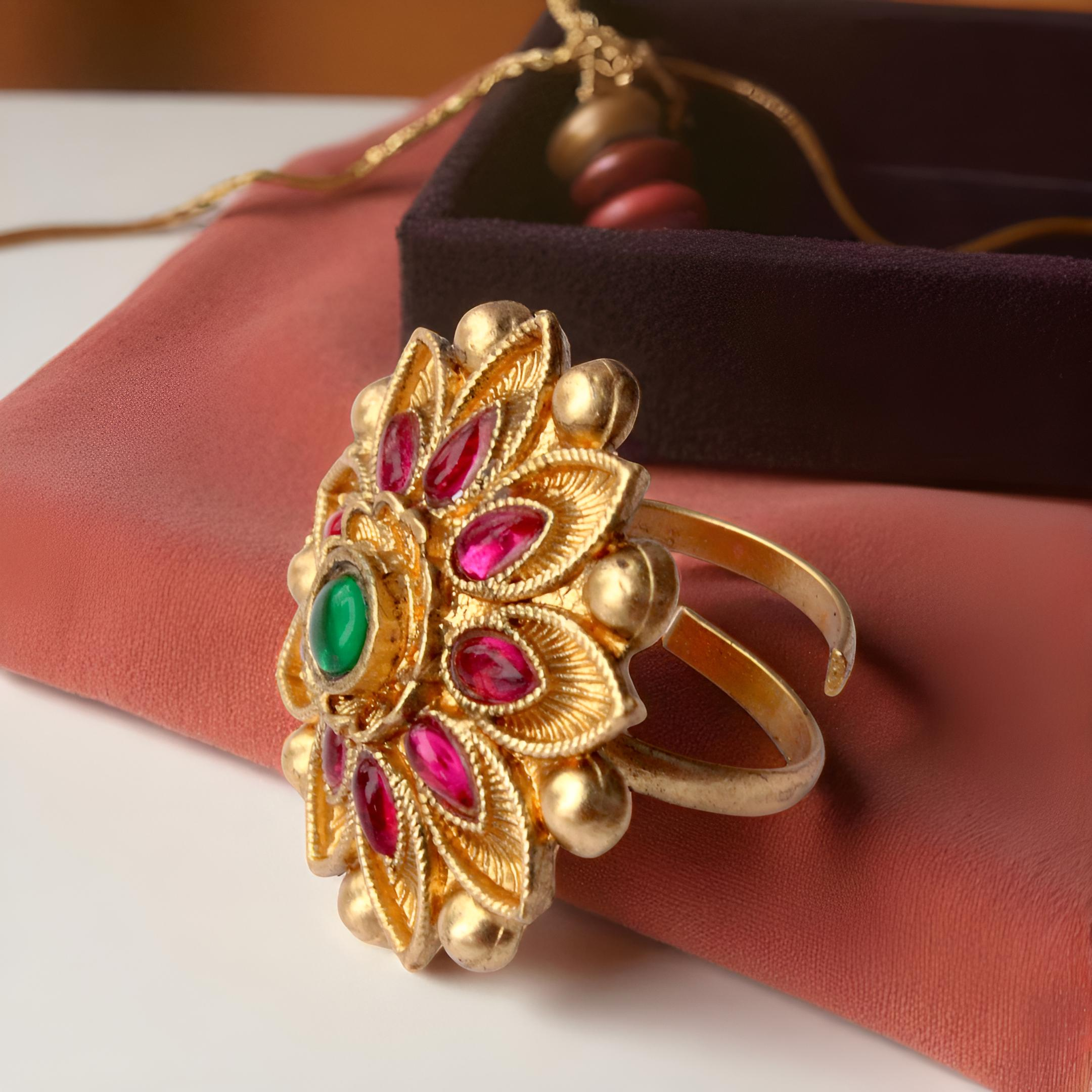 Gold Plated Floral Ring - Adjustable Traditional Ring with Pink Stones and Pearl Accents