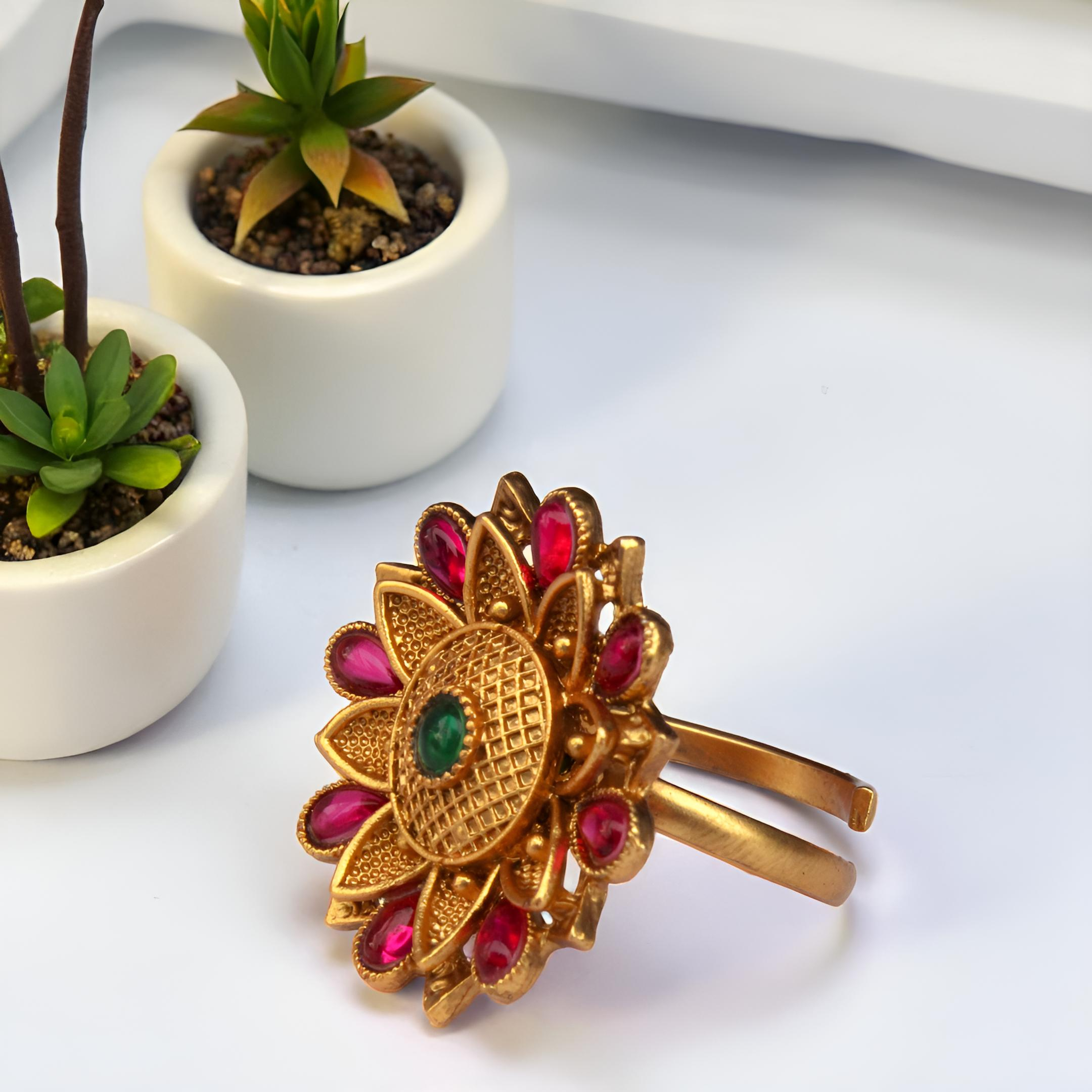 Gold Plated Sunburst Ring - Adjustable Traditional Ring with Pink and Green Stones