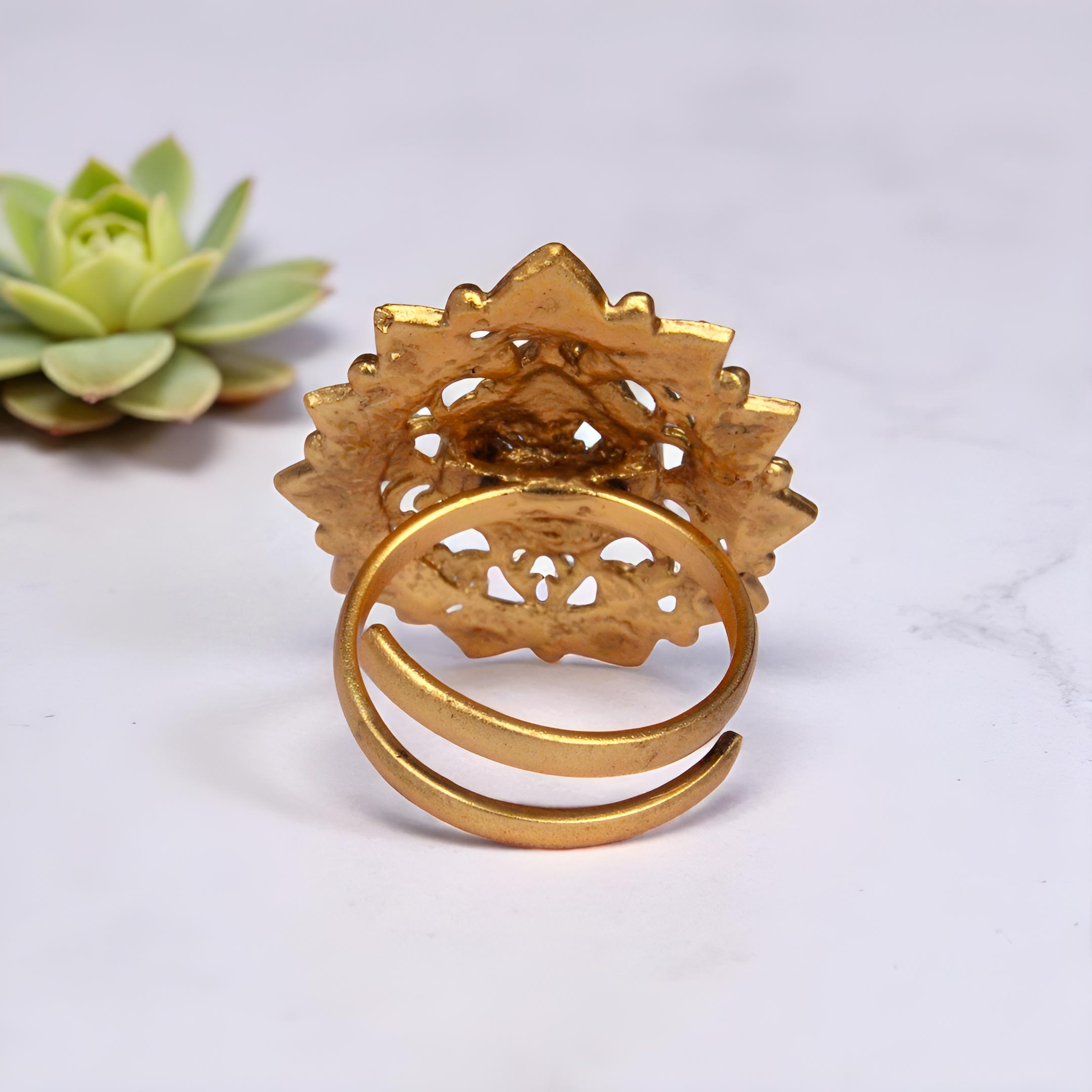 Gold Plated Antique Ring - Adjustable Traditional Multi-Layered Ring with Red Stone