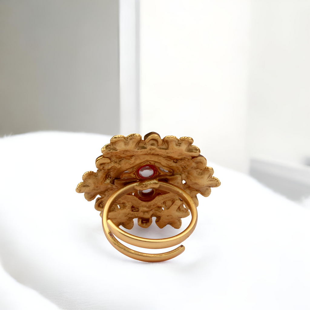 Gold Plated Floral Ring - Adjustable Traditional Ring with Green Enamel and Pearl Stones