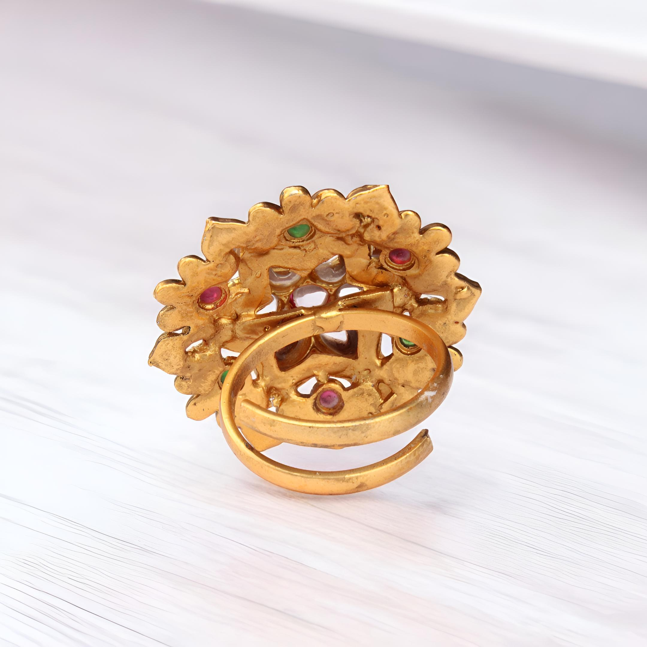 Gold Plated Kundan Ring - Adjustable Traditional Ring with Multicolor Stones and Green Enamel