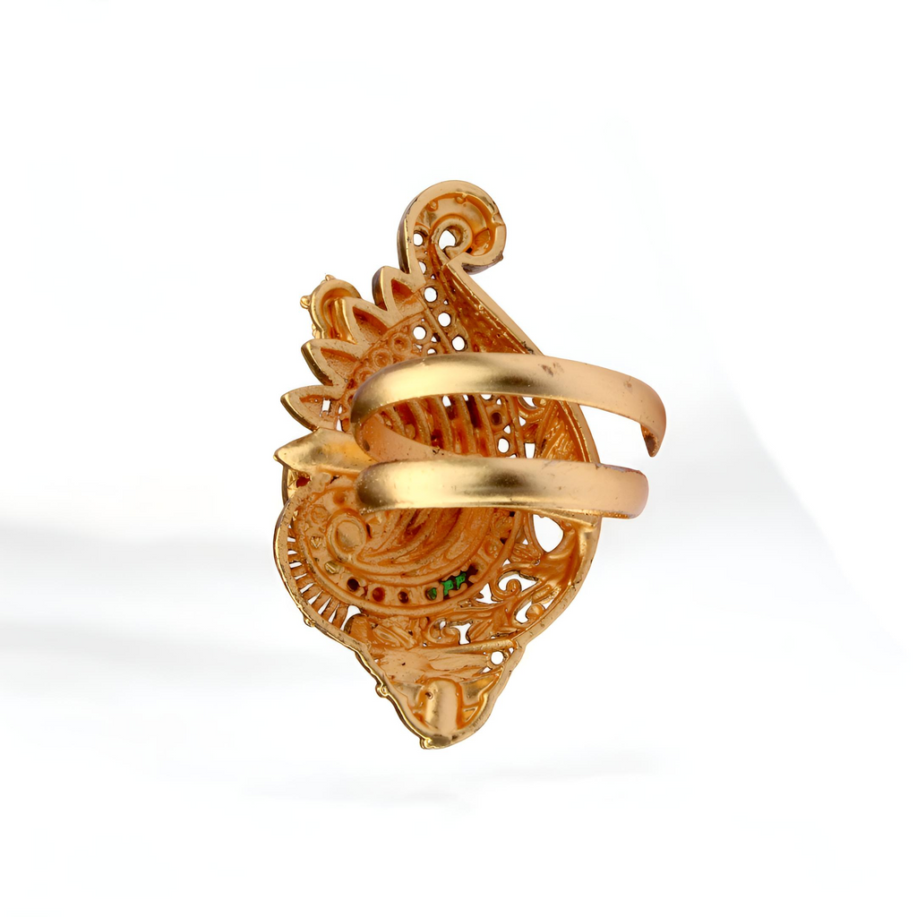 Golden Peacock Leaf Design Adjustable Ring - Imitation Jewelry