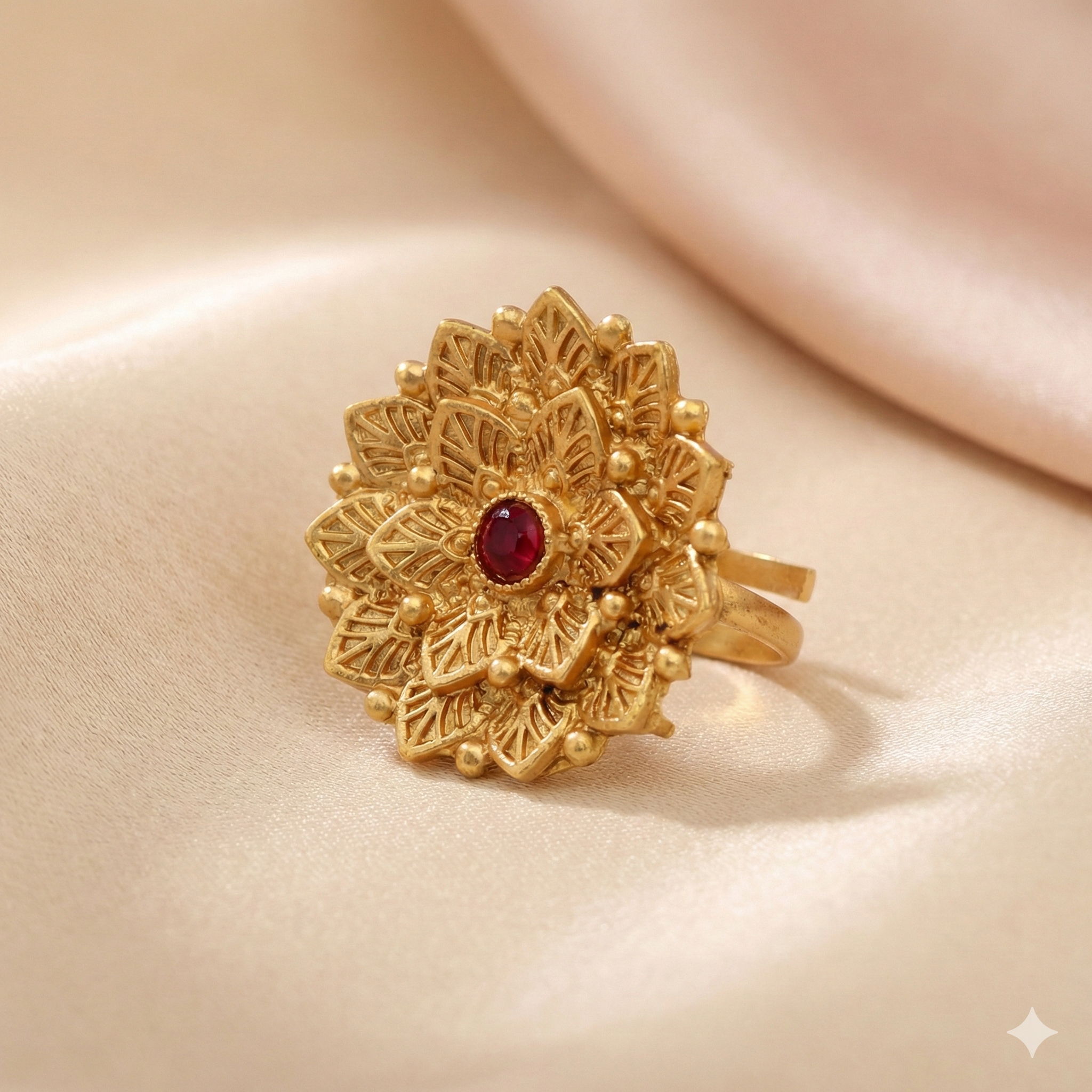 Gold Plated Sunburst Ring - Adjustable Traditional Floral Ring with Red Stone