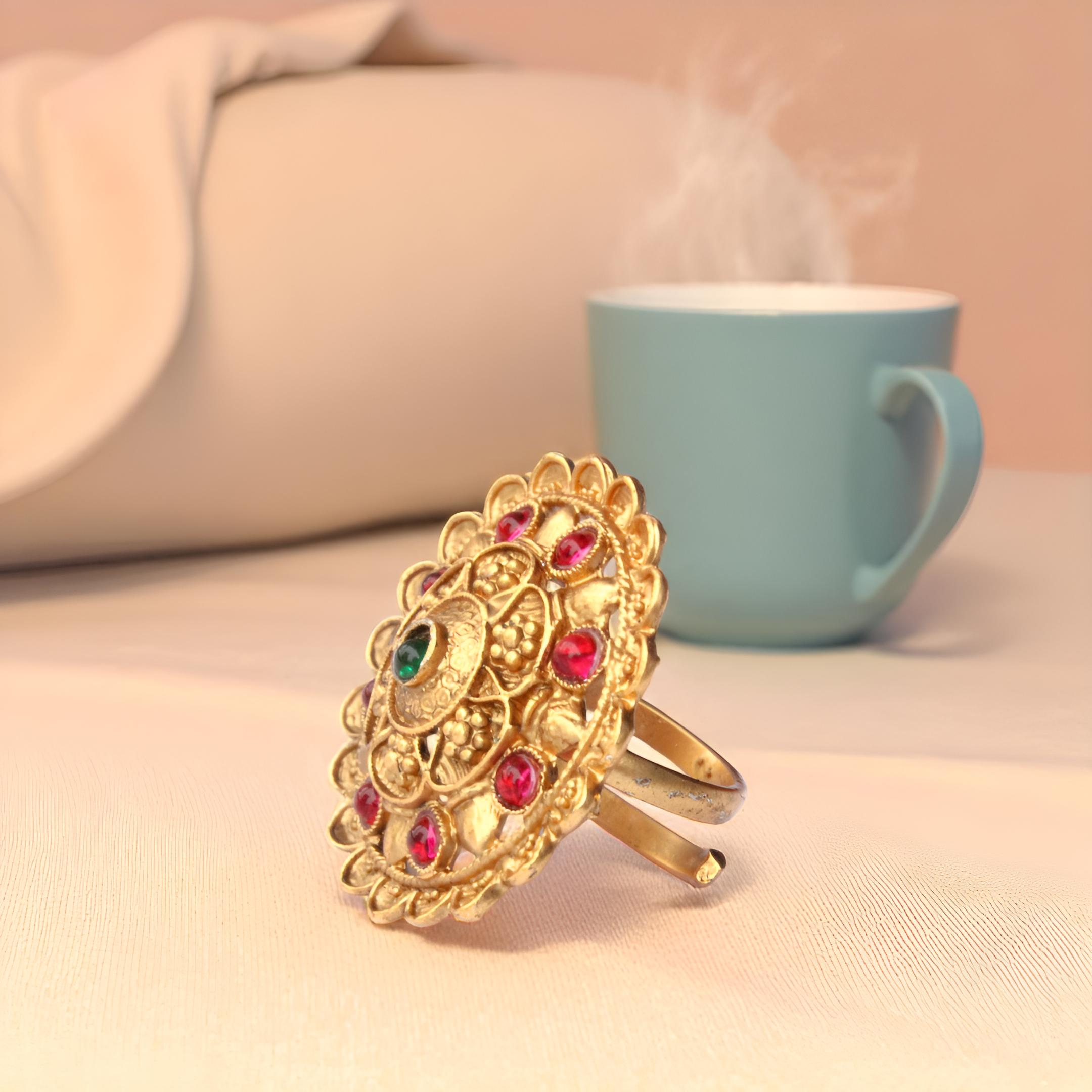 Gold Plated Mandala Ring - Adjustable Traditional Ring with Pink Stones